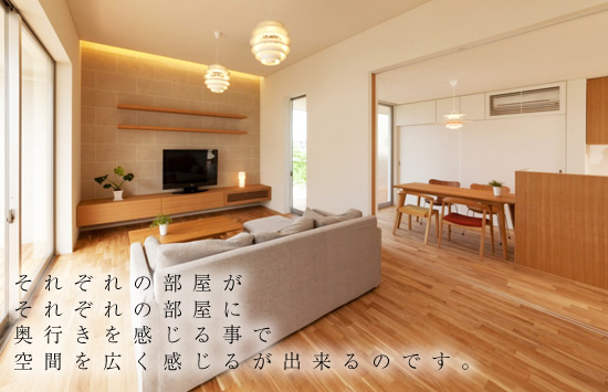 それぞれの部屋がそれぞれの部屋に奥行きを感じる事で空間を広く感じるが出来るのです。